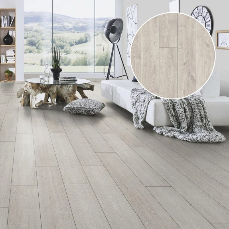 Suelo Laminado Roble Atlas Blanco KRONOTEX | AC4 | Tarima Flotante Click | Biselado Natural