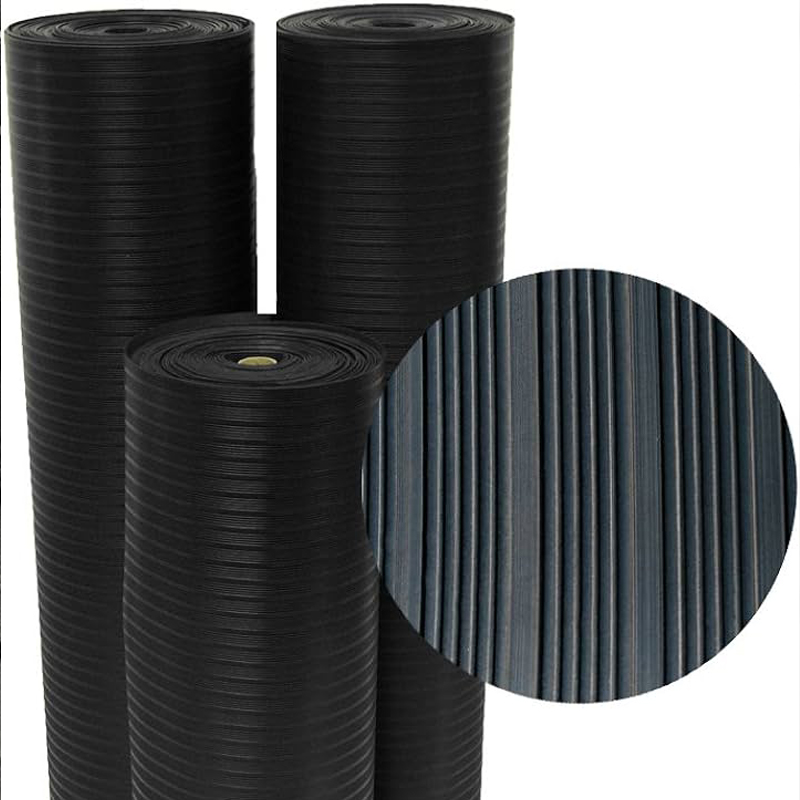 Suelo de Goma Rayada Fina Negro | 1,2x15m | 3mm | Alto tránsito | Taller | Almacén | Zonas Industriales | Carga | Antideslizante	