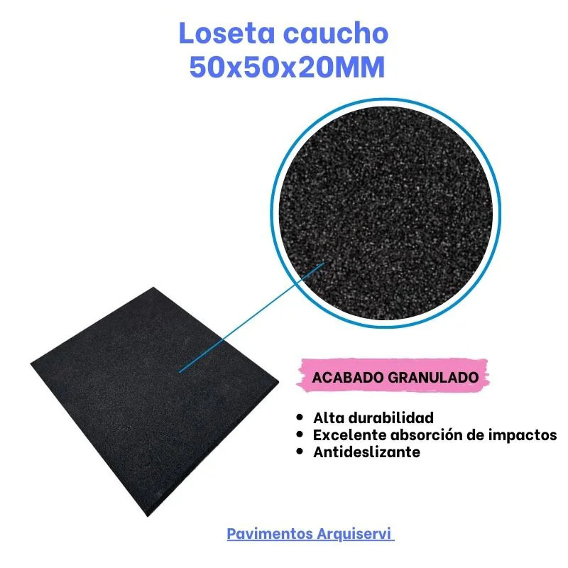 LOSETA DE CAUCHO Maciza 50x50cm | 20mm | Grano Fino | ALTA DENSIDAD | Negro | Suelos Gimnasio | Parque Infantil | Halterofilia | Crossfit | 