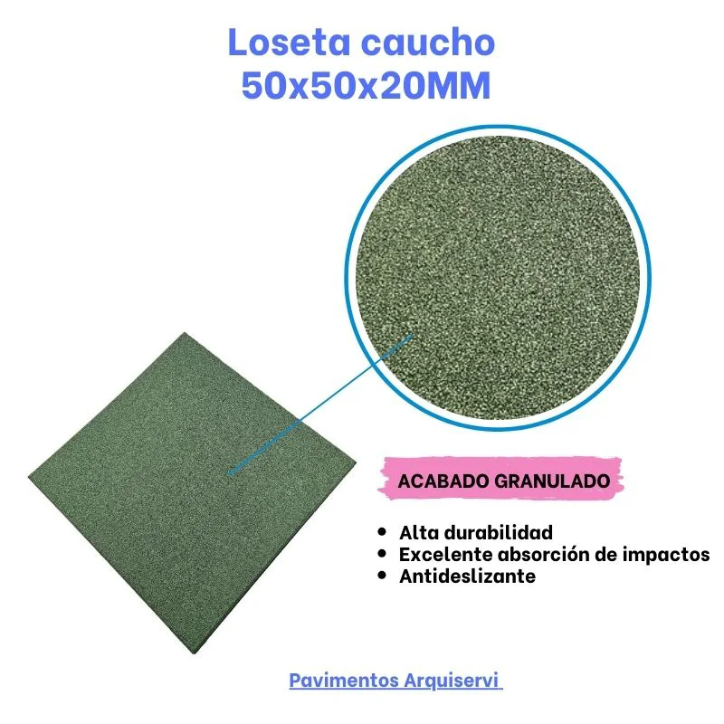LOSETA DE CAUCHO Maciza 50x50cm | 20mm | Grano Fino | ALTA DENSIDAD | Verde | Suelo Gimnasio | Halterofilia | Peso libre | Deportivo |	