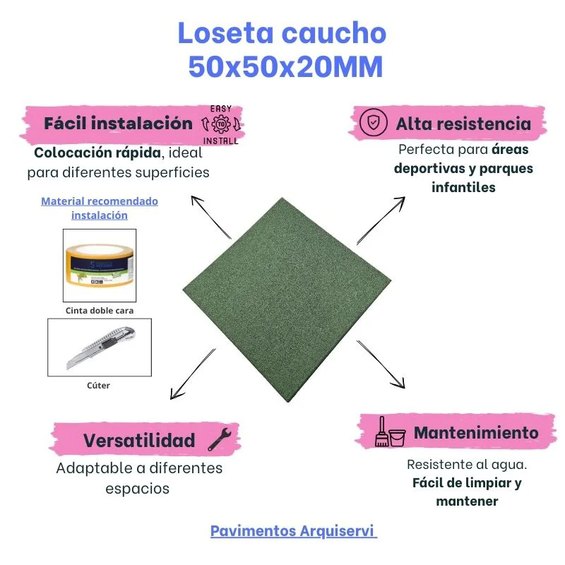 LOSETA DE CAUCHO Maciza 50x50cm | 20mm | Grano Fino | ALTA DENSIDAD | Verde | Suelo Gimnasio | Halterofilia | Peso libre | Deportivo |	