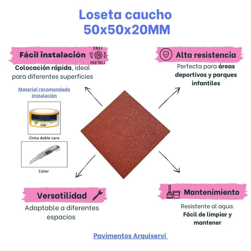 LOSETA DE CAUCHO Maciza 50x50cm | 20mm | Grano Fino | ALTA DENSIDAD | Rojo | Gimnasio | Exterior | Halterofilia | Peso libre | Parque Infantil