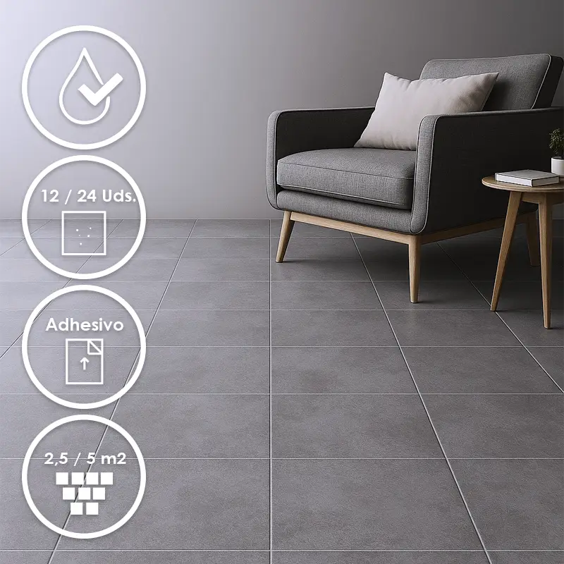 Loseta Vinílica Autoadhesiva Gris Piedra | 1,8mm | Suelo Vinílico Resistente al Agua | Hogar | Salón