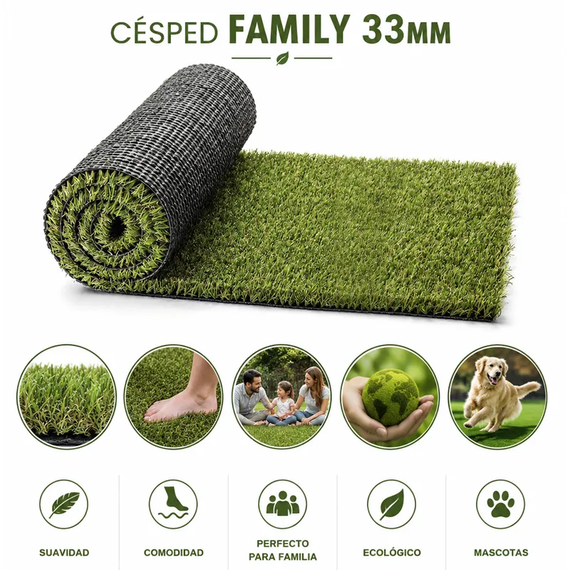 Césped Artificial Family | 32mm | Alta Densidad | Jardín, Terraza, Mascotas | Fácil de Instalar