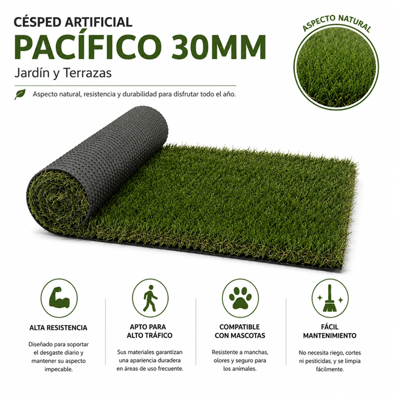 Césped Artificial Pacífico 30mm | Jardín y Terrazas | Suavidad Realismo Alta Gama