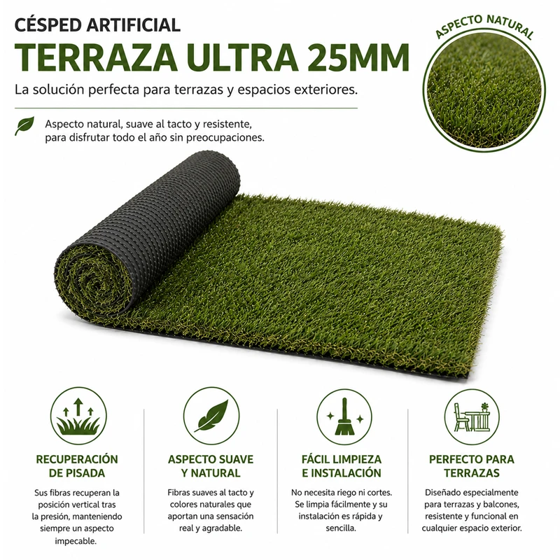 Césped Artificial Terraza Ultra | 25mm | Densidad Premium | Tacto Suave | Realismo | Pedido Mínimo 6 m²