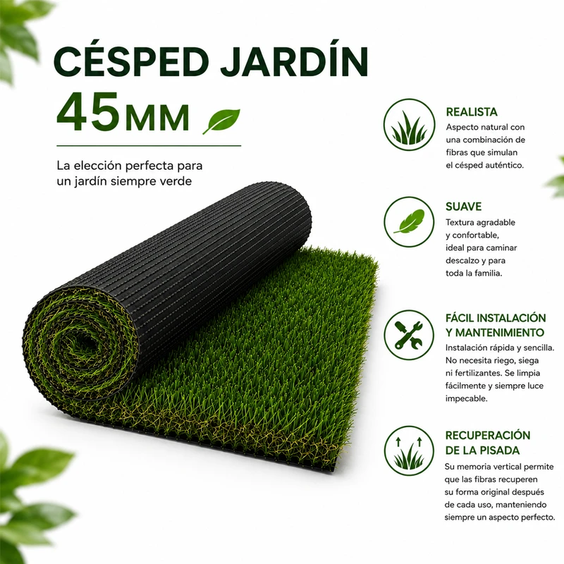 Césped Artificial Jardín | 45mm | Alta Densidad | Terrazas y Jardines | Paisajismo | Fácil Instalación
