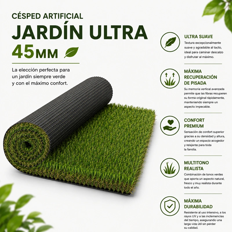 Césped Artificial Jardín Ultra | 45mm | Densidad Premium + | Suavidad | Fácil Limpieza