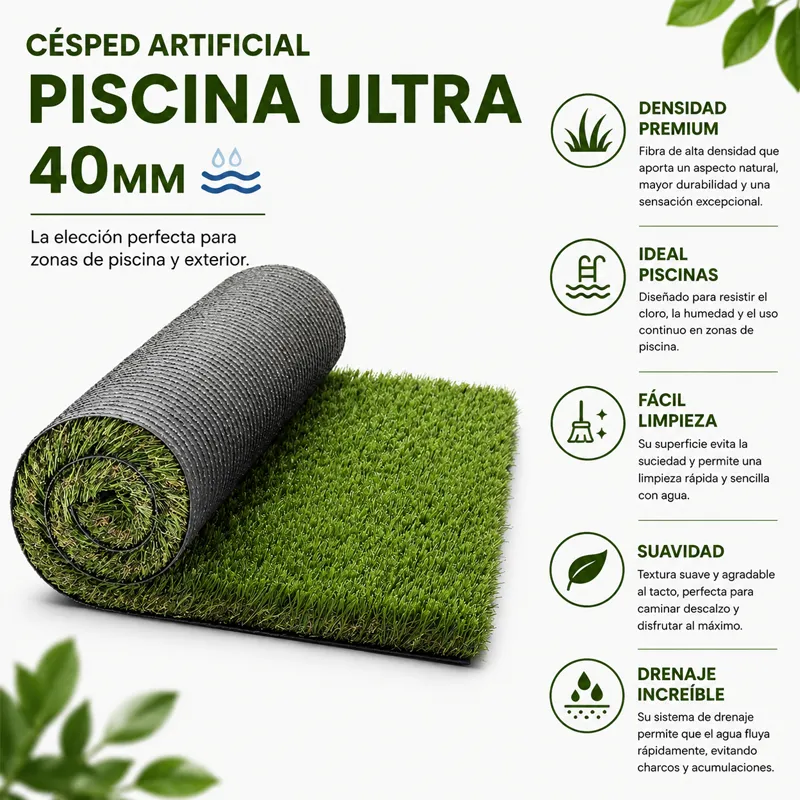 Césped Artificial Piscina Ultra | 40mm | Densidad Premium | Jardín | Fácil Instalación