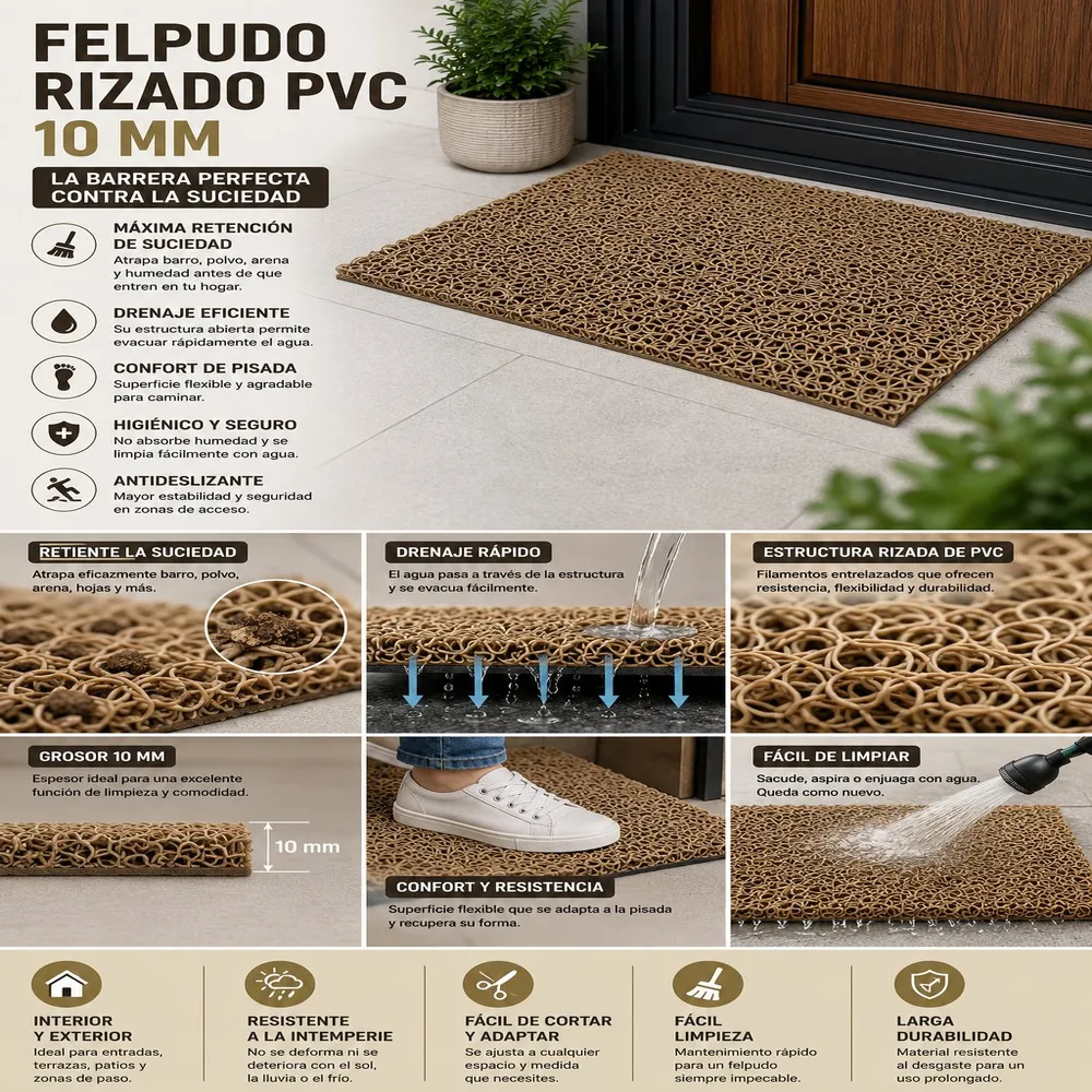Felpudo de PVC Beige Entrada | Lazos Antideslizante | 12mm | Interior y Exterior | Fácil Limpieza
