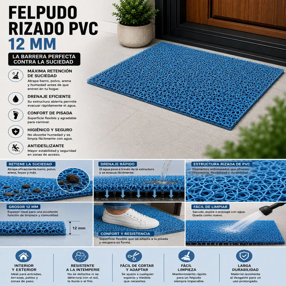 Felpudo de PVC Celeste Rizado | Felpudo Rizado PVC Celeste | Antideslizante | Por Metros | 12mm