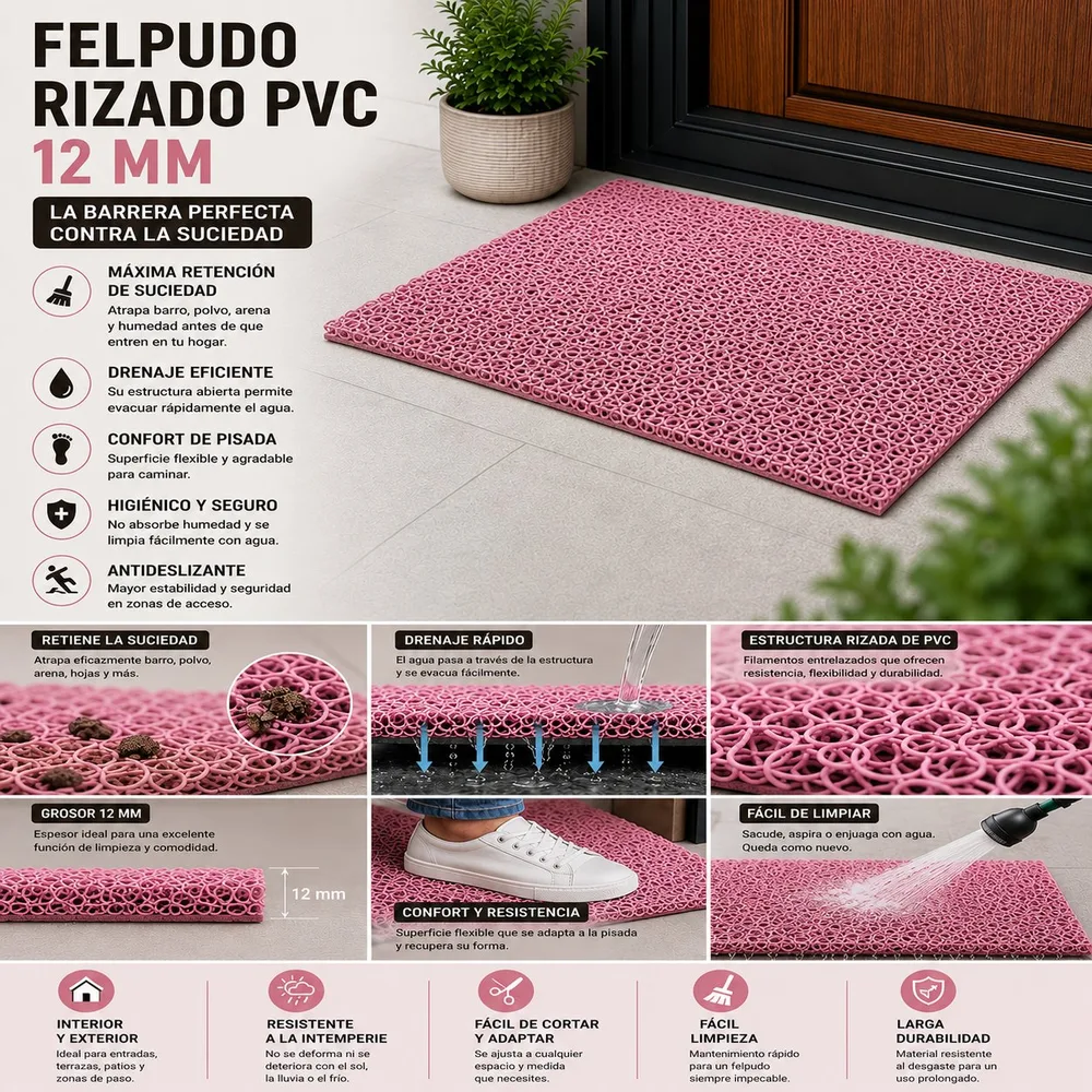Felpudo PVC Rizado Rosa Entrada | Lazos Antideslizante | 12mm | Interior y Exterior | Fácil Limpieza