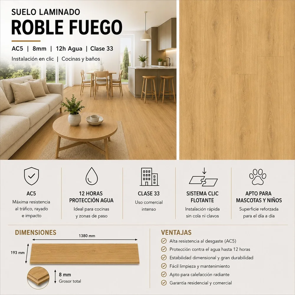 Suelo Laminado Roble Fuego AC5 8mm | Protección 12h Agua | Fácil Colocación
