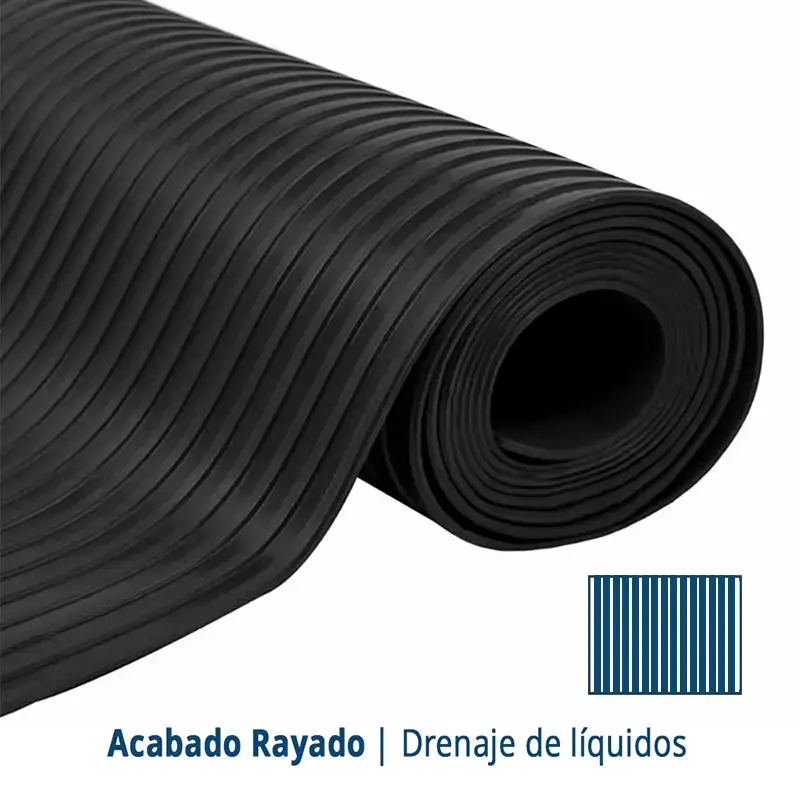 Suelo de Goma Rayada Fina Negro | 1,5x15m | 3mm | Alto tránsito | Taller | Almacén | Zonas Industriales | Carga | Antideslizante