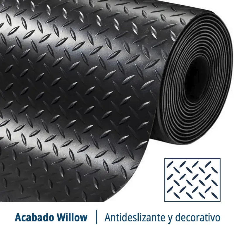 Suelo de Goma Diamante Willow Negro | 1,4x10m | 3mm | Alto tránsito | Fábrica |Taller | Almacén | Zonas Industriales