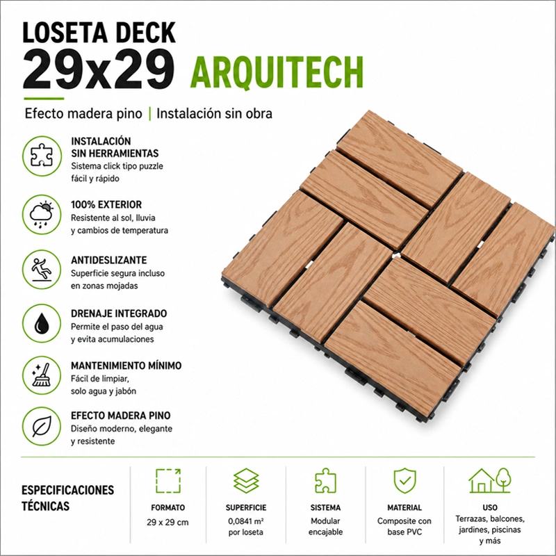 Loseta Deck Exterior 29x29 cm Pino Natural | Suelo Exterior Encajable Antideslizante | Fácil Instalación Sin Obra