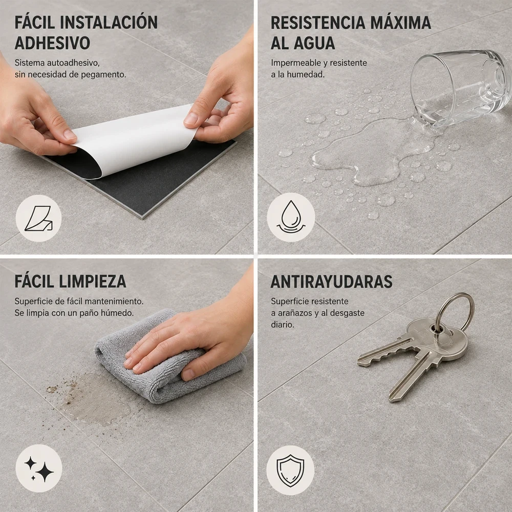 Loseta Vinílica Autoadhesiva Gris Piedra | 1,8mm | Suelo Vinílico Resistente al Agua | Hogar | Salón | Cocina | Baño