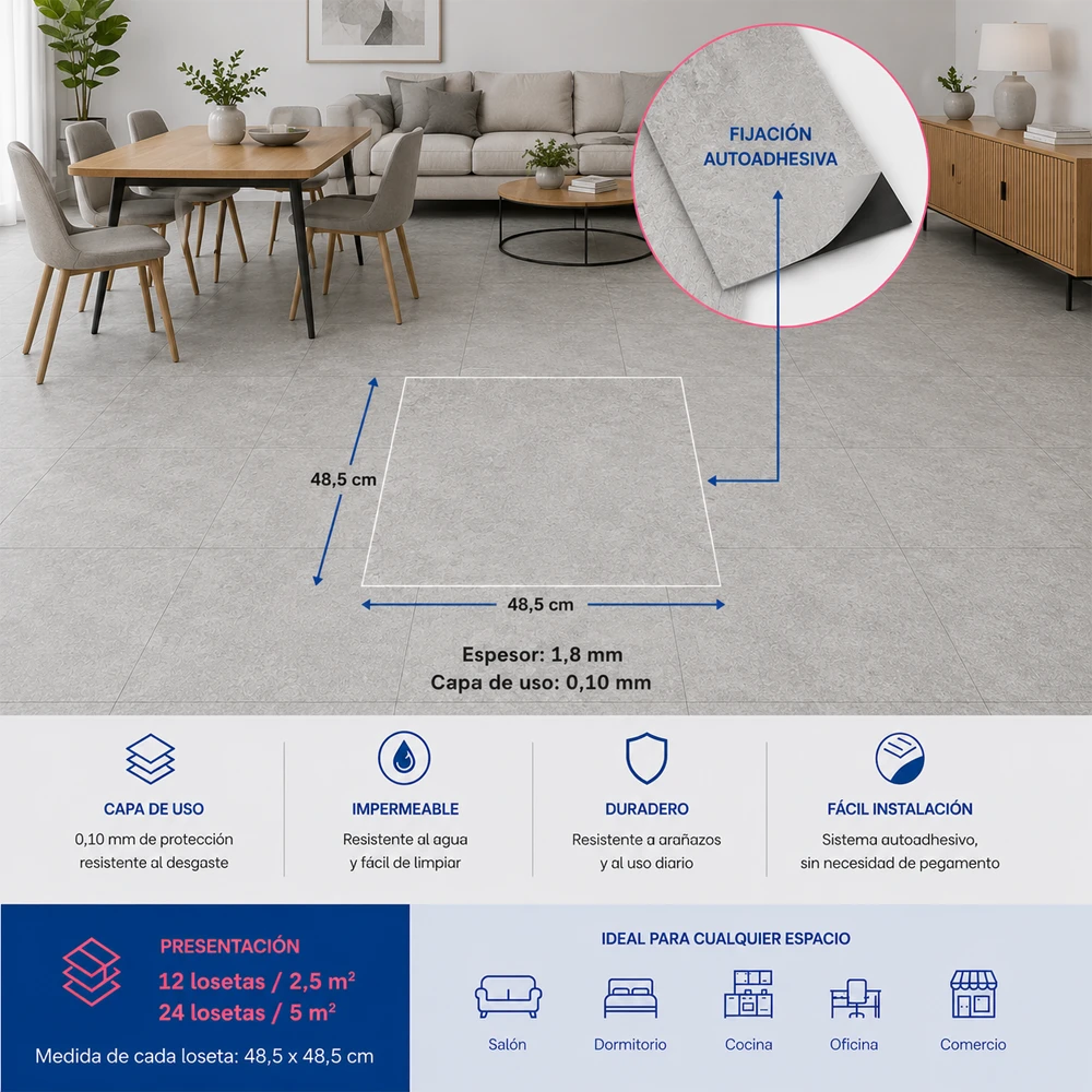 Loseta Vinílica Autoadhesiva Gris Piedra | 1,8mm | Suelo Vinílico Resistente al Agua | Hogar | Salón | Cocina | Baño