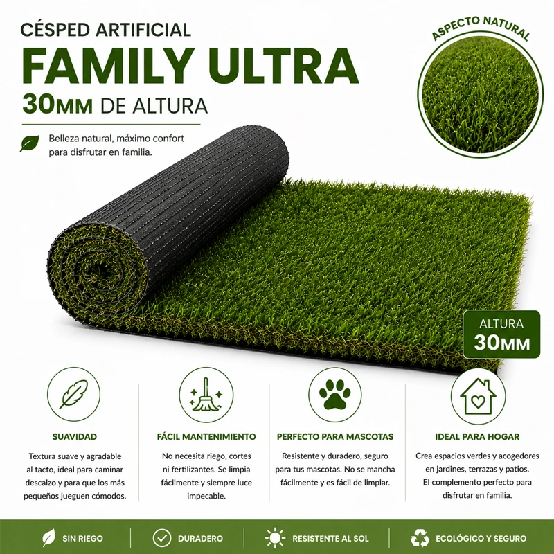 Césped Artificial Family Ultra | 30mm | Densidad Premium | Hogar | Niños | Mascotas