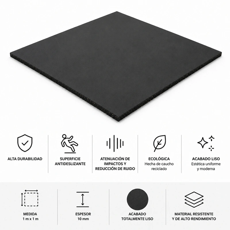 Loseta de caucho 1x1m | 10mm | Negro |  Superficie Lisa | Densidad + |  Suelo Gimnasio | Fitness | Seguridad