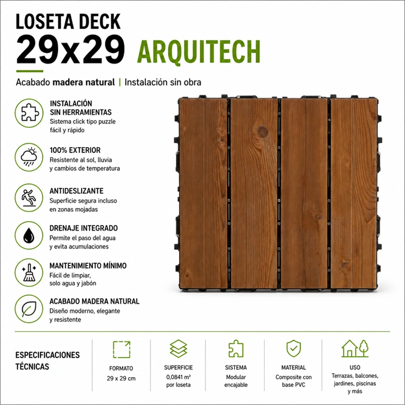 Suelo Exterior Modular 29x29 cm Efecto Madera | Losetas Click para Jardín y Balcón | Fácil Instalación