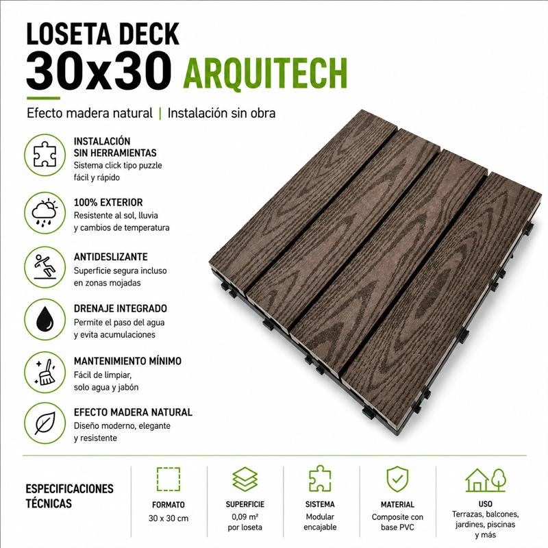 Losetas Composite Tarima Exterior Teka | Terrazas | Balcón | Piscina | 30x30cm
