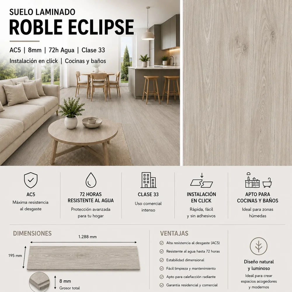 Suelo Laminado Flotante Roble Eclipse 8mm AC5 | Gris Plateado | Resistencia Humedad | Fácil Colocación