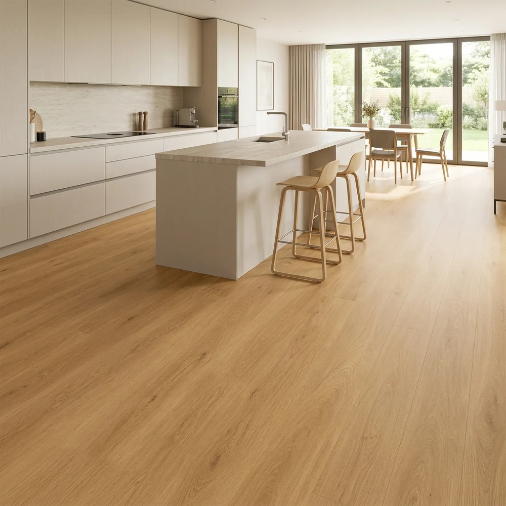Suelo Laminado Roble Fuego AC5 8mm | Protección 12h Agua | Fácil Colocación