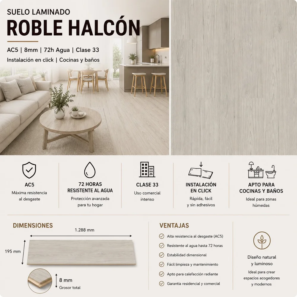 Suelo Laminado Roble Halcón Claro 8mm AC5 | Cocinas y Baños | Fácil Instalación Click