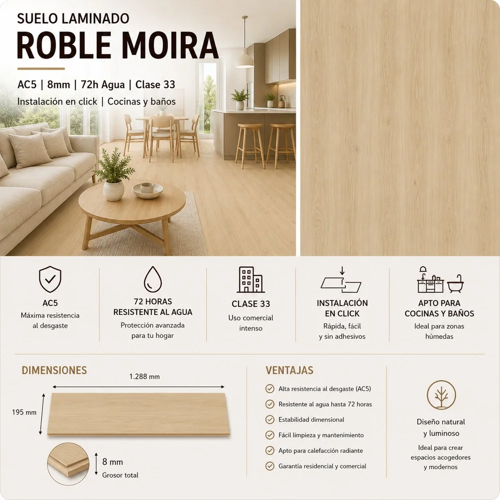 Suelo Laminado Roble Moira | AC5 | 8mm | Instalación Fácil Clic | Resistente al Agua