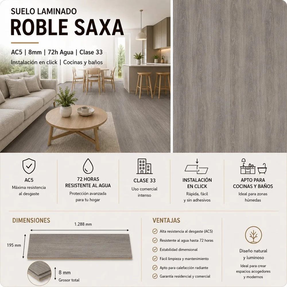 Suelo Laminado Roble Saxa | AC5 | 8mm | Gris Oscuro | Tarima Flotante | Hogar