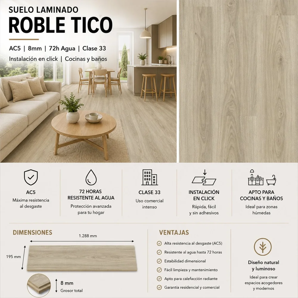 Suelo Laminado Roble Tico 8mm AC5 | Sin Bisel | 72h Agua | Tarima Flotante