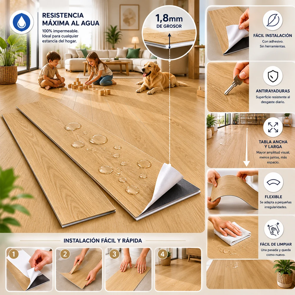 Suelo Vinílico Autoadhesivo Roble Clásico Dorado | Cocina | Baño | Resistencia al Agua | Bricolaje