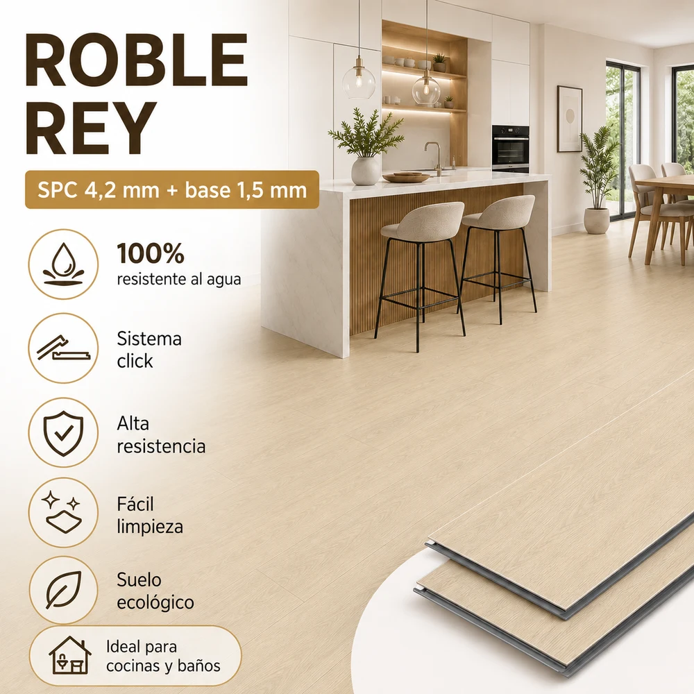 Suelo SPC Click Roble Rey 100% Agua | Tarima Vinílica Resistente a Golpes y Rayaduras | Bricolaje