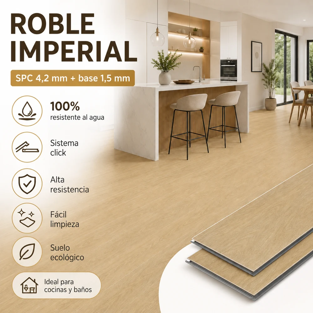 Tarima SPC Click Roble Imperial | Suelo Vinilico | Madera | Fácil Limpieza y Colocado | Sin Herramientas | 100% Agua