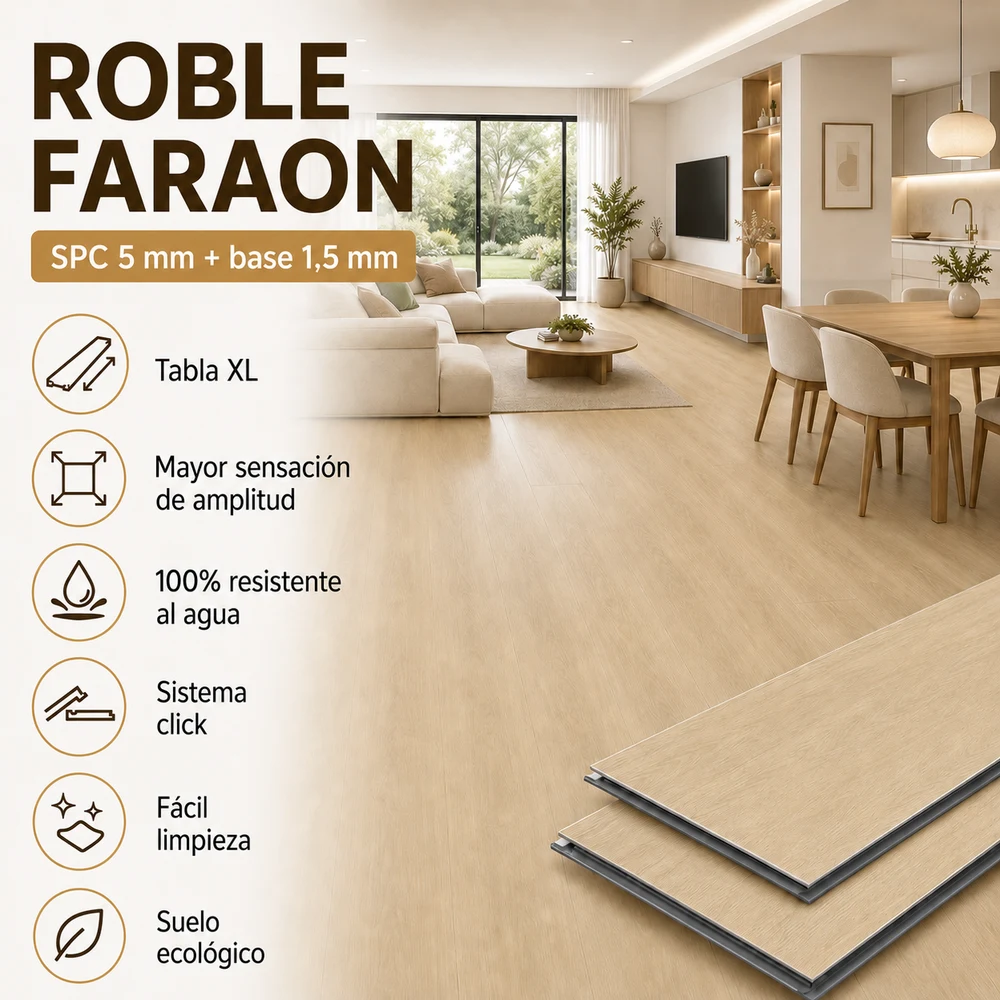 Tarima SPC Click Roble Faraon XL| Suelo Vinilico | Madera | Fácil Limpieza y Colocado | Sin Herramientas | 100% Agua