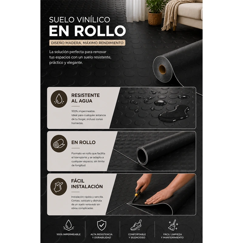 Suelo Vinílico PVC Goma Círculos | Sintasol En Rollo | Resistente Al Agua | Antideslizante