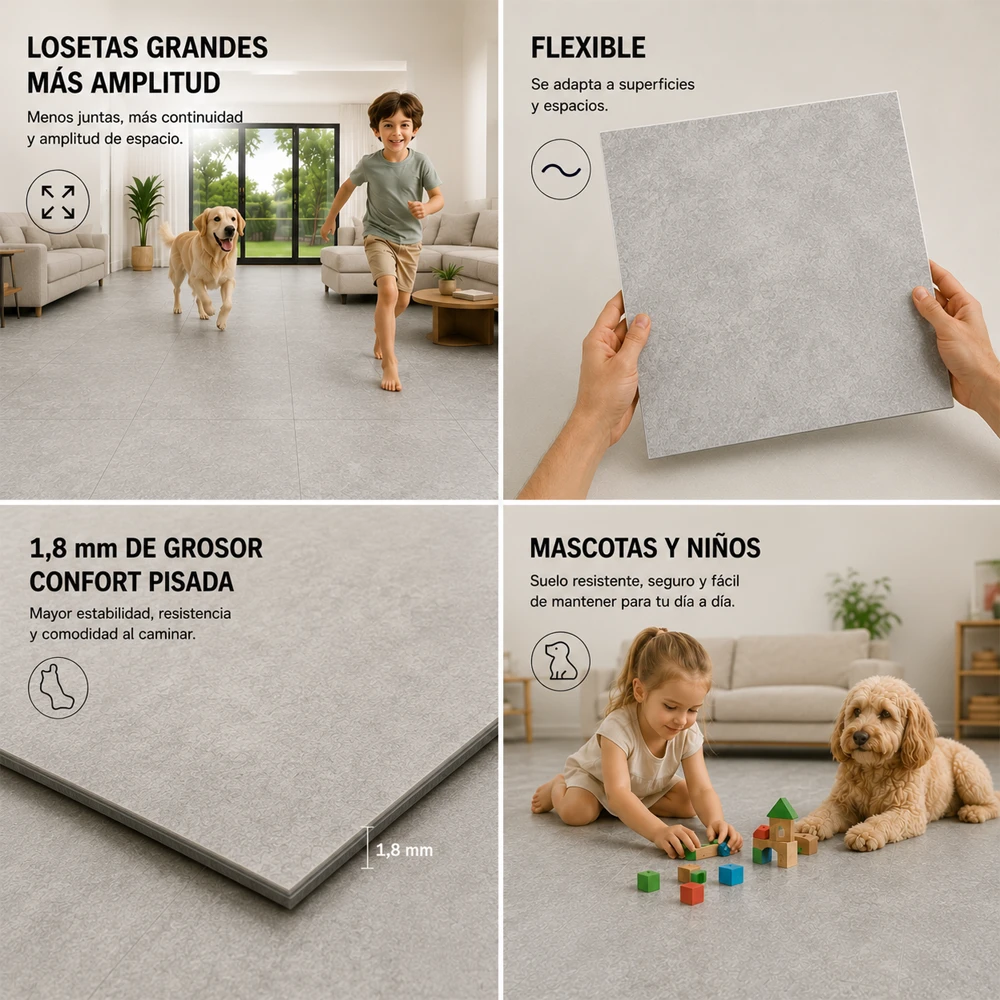 Loseta Vinílica Autoadhesiva Gris Piedra | 1,8mm | Suelo Vinílico Resistente al Agua | Hogar | Salón | Cocina | Baño