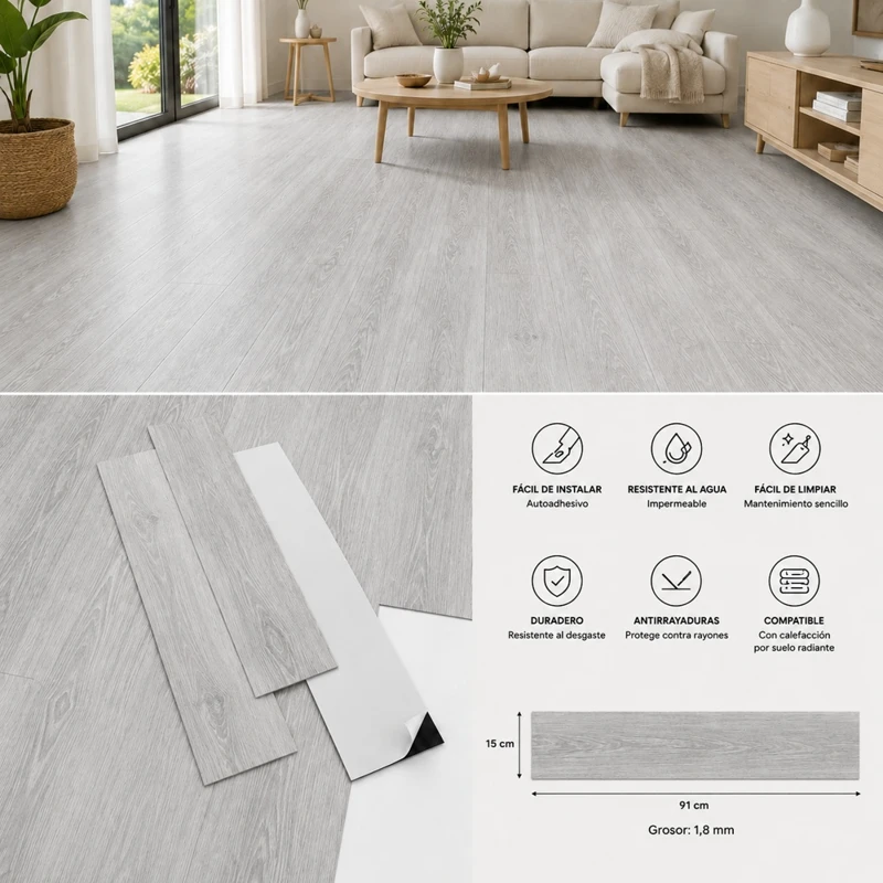 Suelo Vinílico Autoadhesivo Roble Gris | Cocina | Baño | Resistencia al Agua | Bricolaje