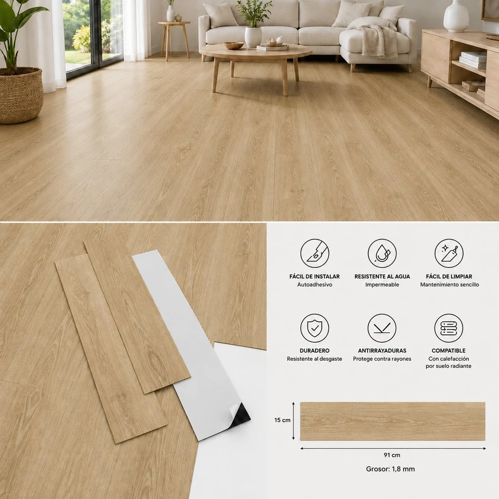 Suelo Vinílico Autoadhesivo Roble Clásico Dorado  | Cocina | Baño | Resistencia al Agua | Bricolaje