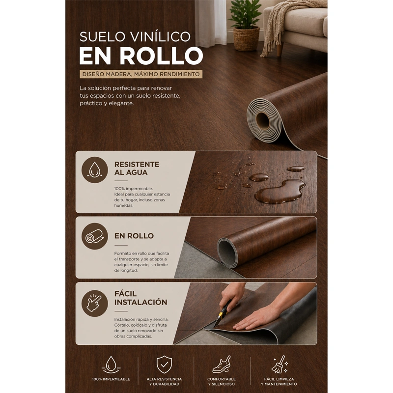 Suelo Vinílico PVC Teca Marrón | Sintasol En Rollo | Resistente Al Agua