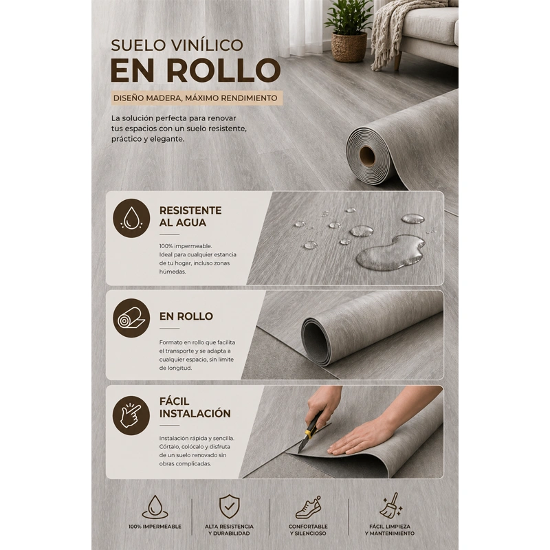 Suelo Vinílico PVC Teca Gris | Sintasol En Rollo | Resistente Al Agua | Imitación Madera