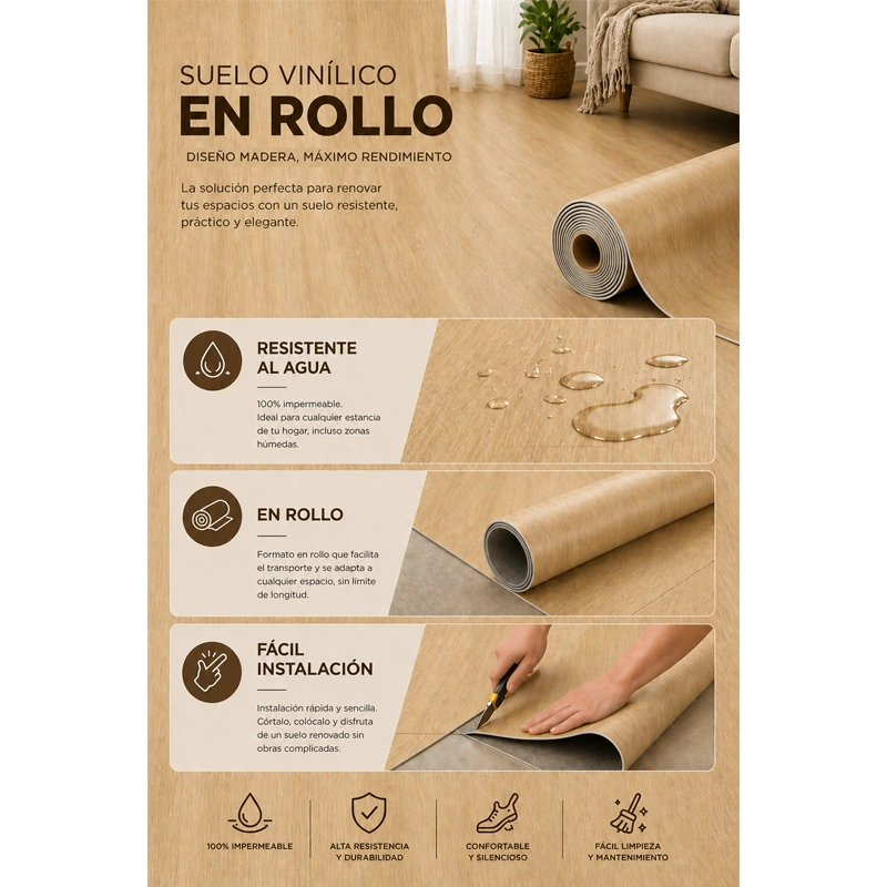 Suelo Vinílico PVC  Natural | Sintasol En Rollo | Resistente Al Agua | Imitación Madera