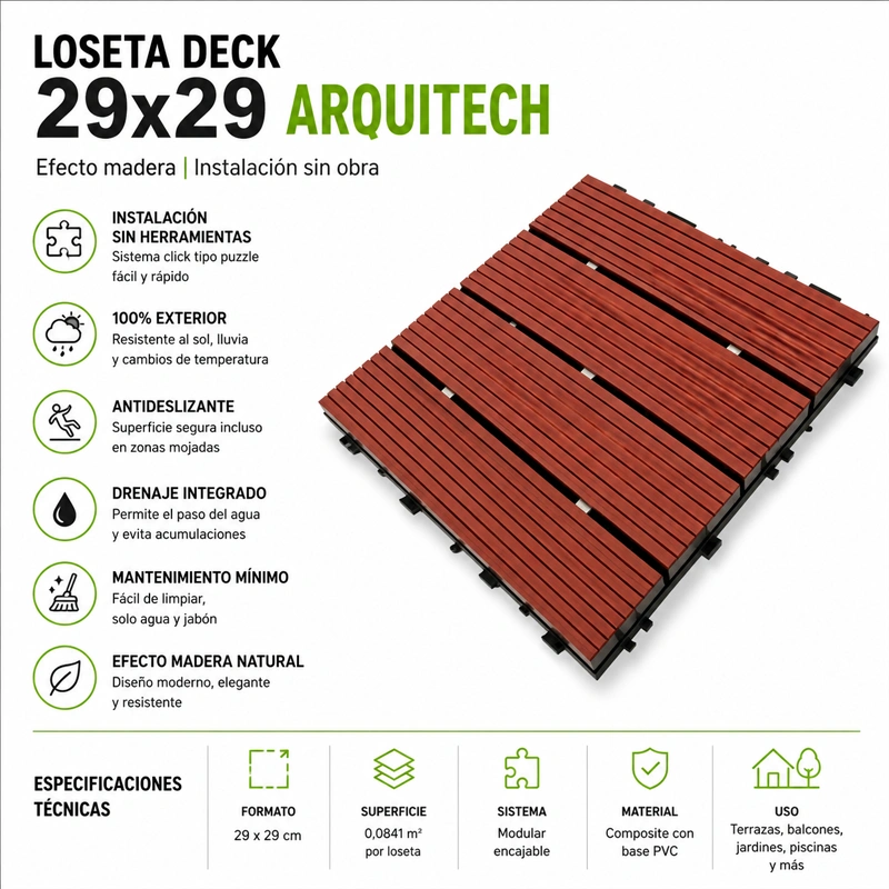 Tarima Exterior Madera Chocolate con Leche | Terrazas | Balcón | Piscina | Baldosas 29x29cm