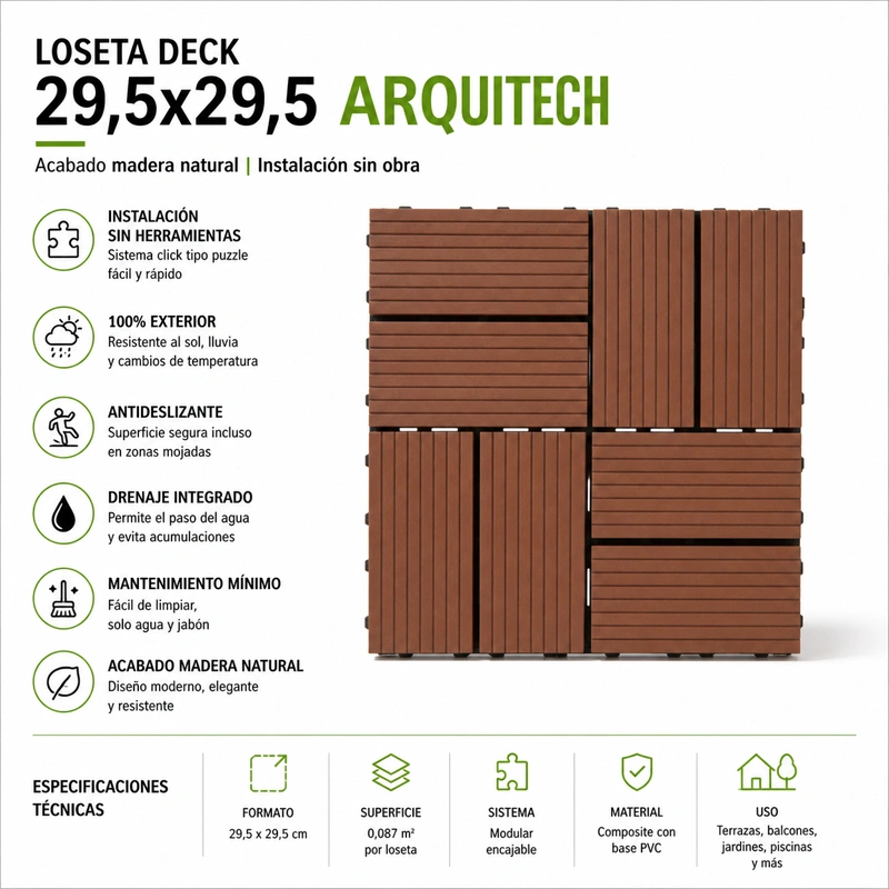 Loseta Exterior 29,5x29,5 cm Efecto Madera Natural | Baldosa Terraza Encajable Antideslizante | Uso Exterior