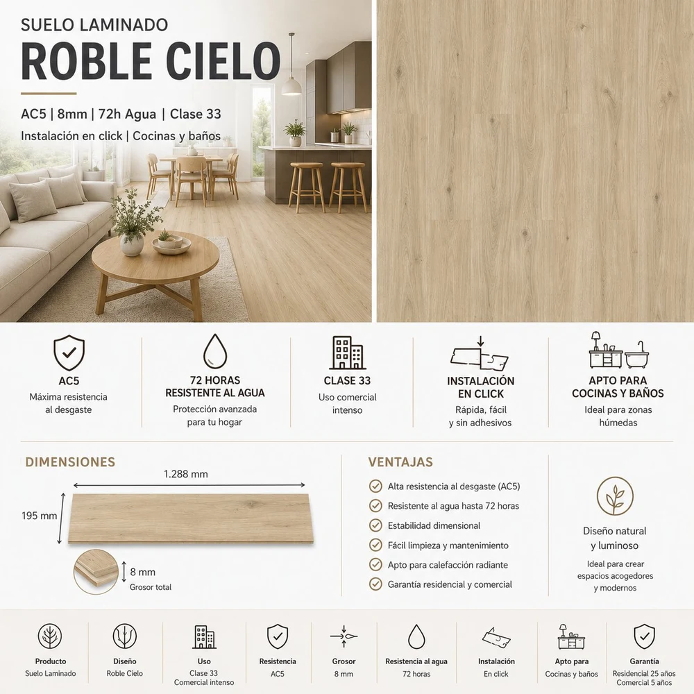 Tarima Flotante Roble Cielo AC5 8mm | Click | Resistente Agua | Suelo Laminado