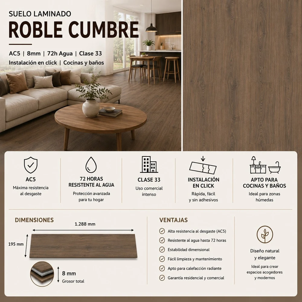 Suelo Laminado Roble Cumbre | AC5 | 8mm | Roble Oscuro | Fácil Instalación