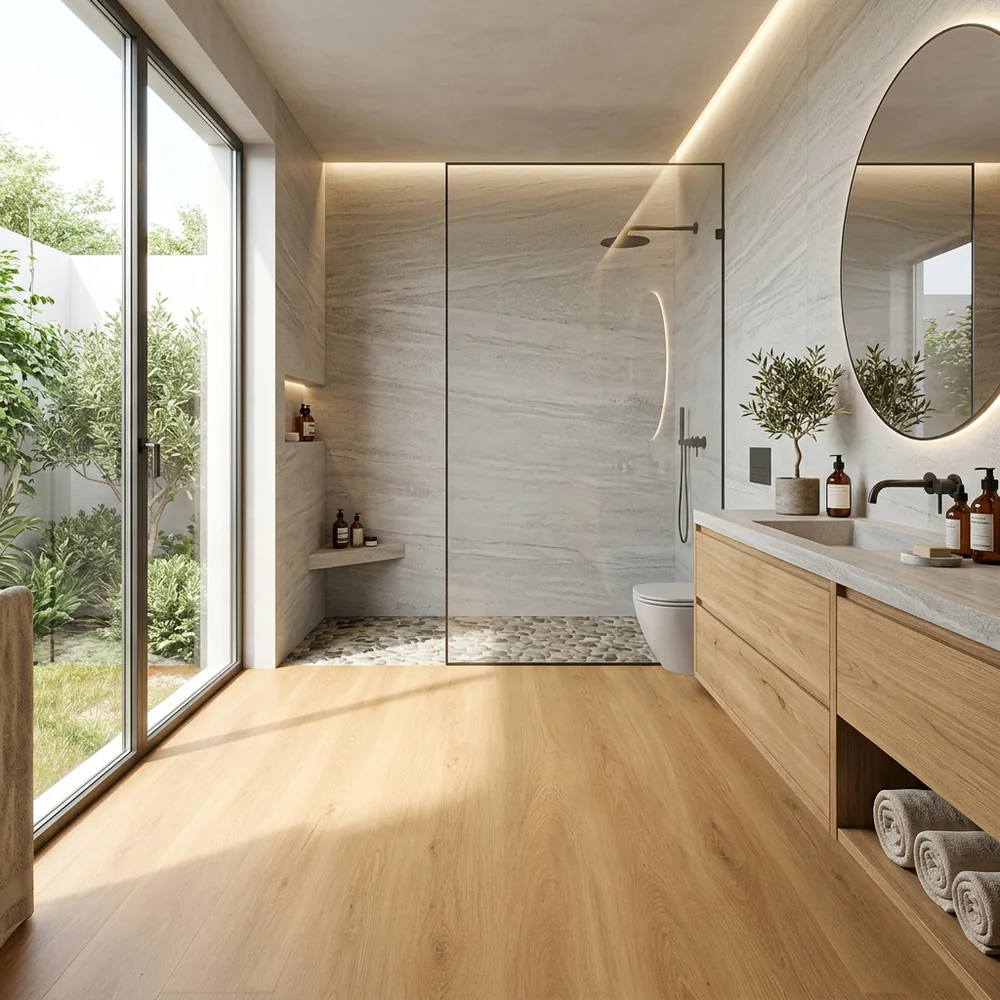Suelo Laminado Roble Fuego AC5 8mm | Protección 12h Agua | Fácil Colocación